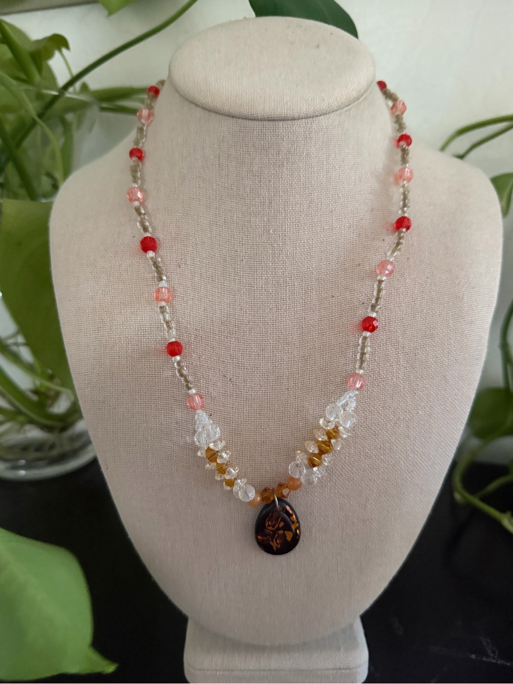 Vintage Multicolor Beaded Pink & Amber Teardrop Beaded Necklace